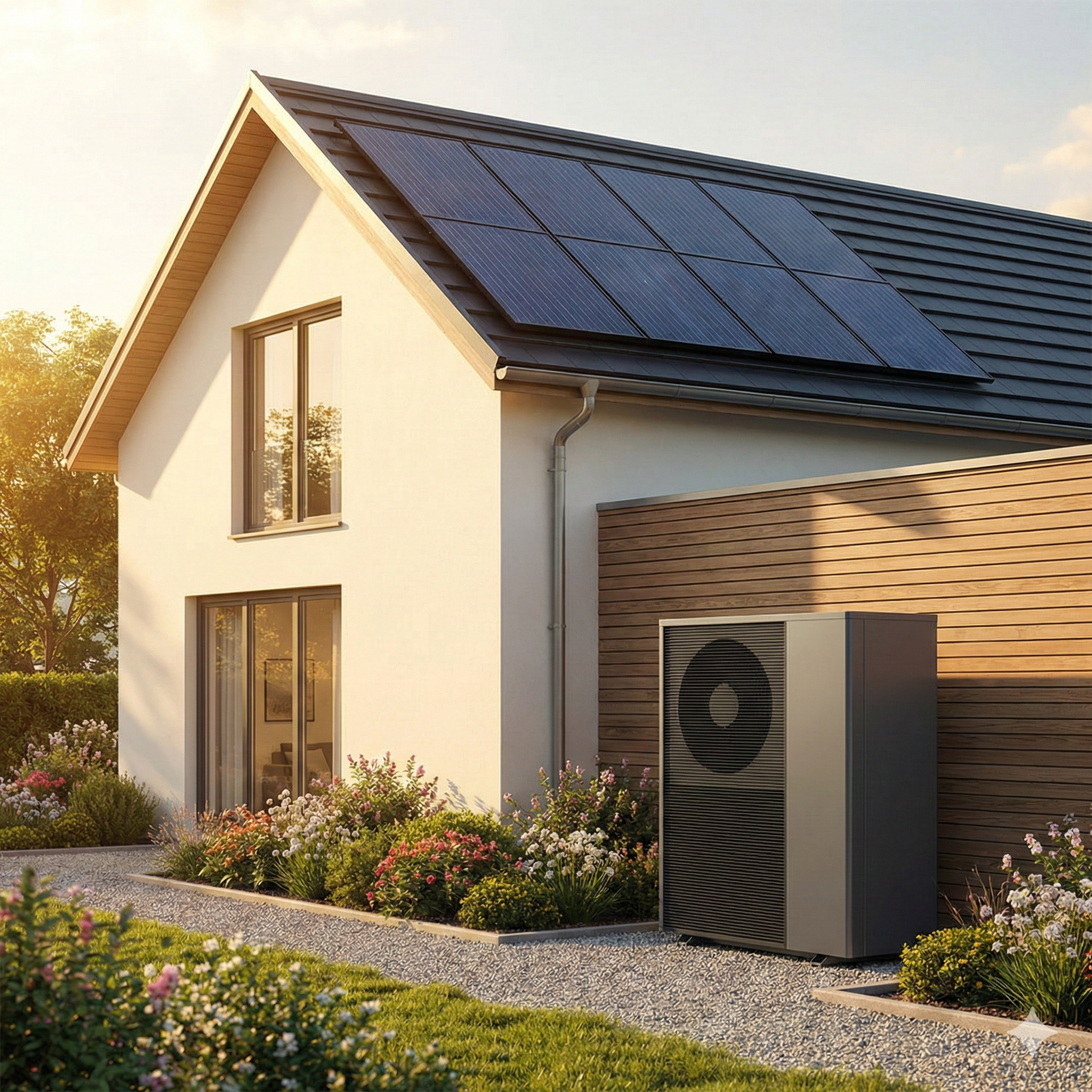 Immagine di una casa con solare termico e pompa di calore per Conto Termico 3.0